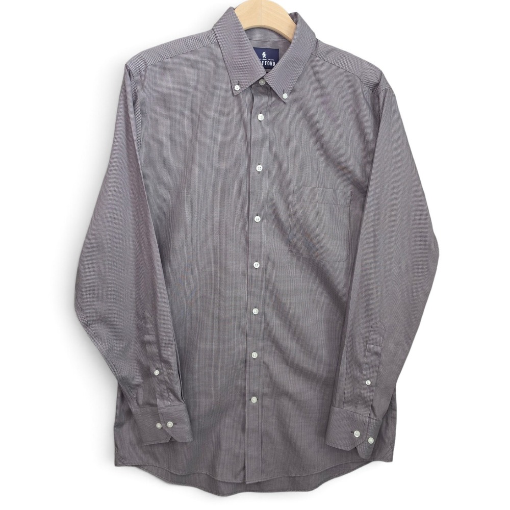 Stafford Mens Dress Shirt 16 34/35 Fitted Gray Grid Oxford Cotton Non Iron Caree